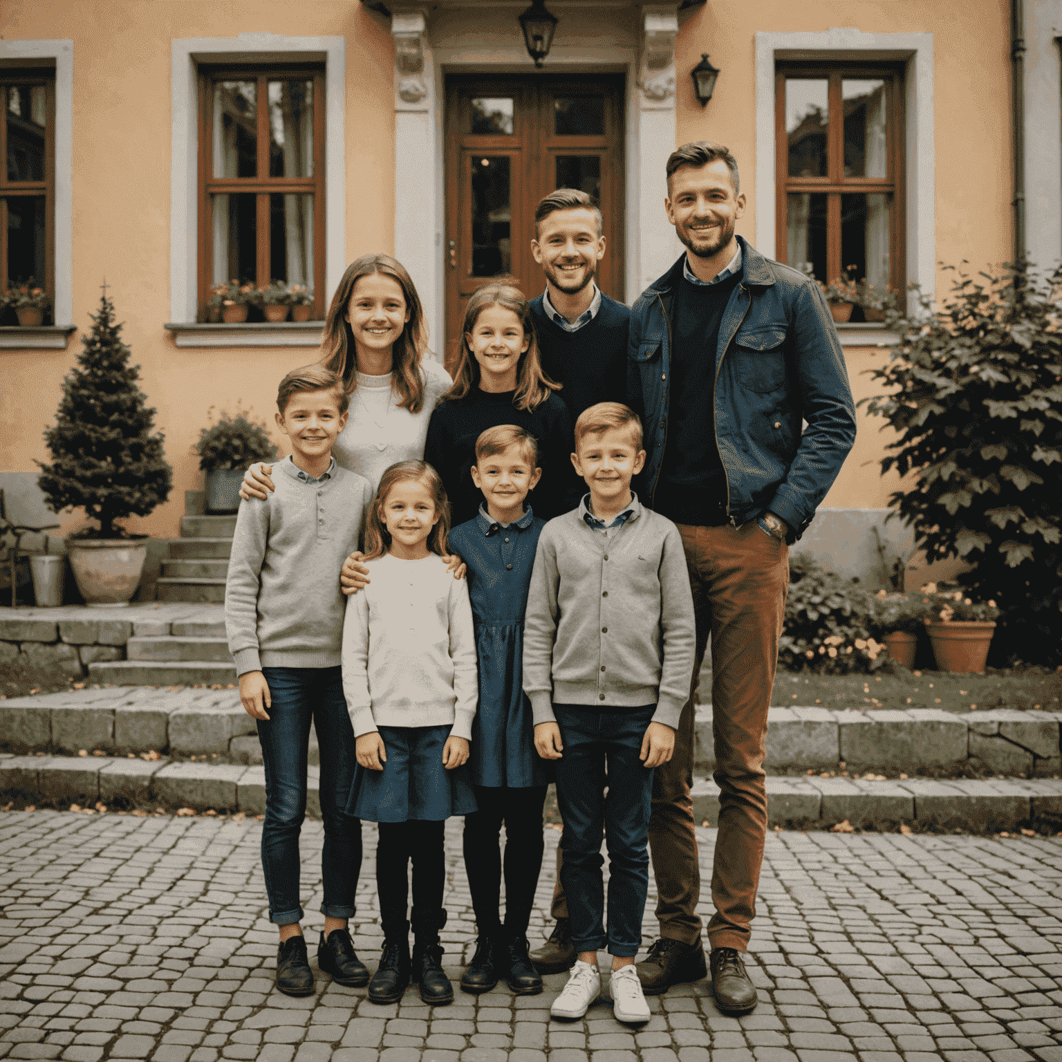 Mladý Jakub Prachař s rodinou na rodinné fotografii, usmívající se do kamery před jejich domem v Praze