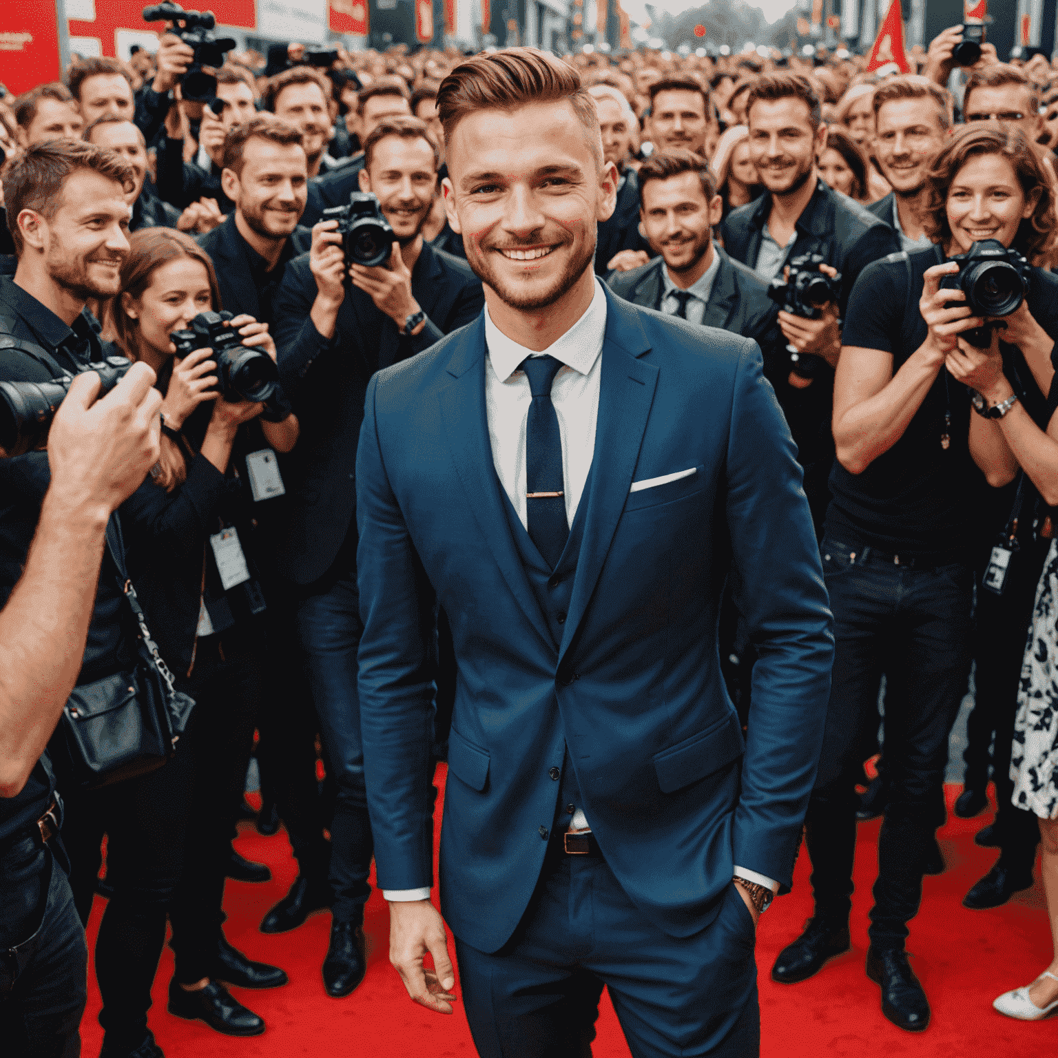 Jakub Pracharzha na červeném koberci, obklopený fanoušky a fotografy, s úsměvem na tváři.